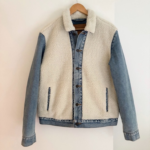 Levi’s Premium Sherpa Panel Trucker Denim Jacket Medium Blue Wash Size M - Picture 8 of 11